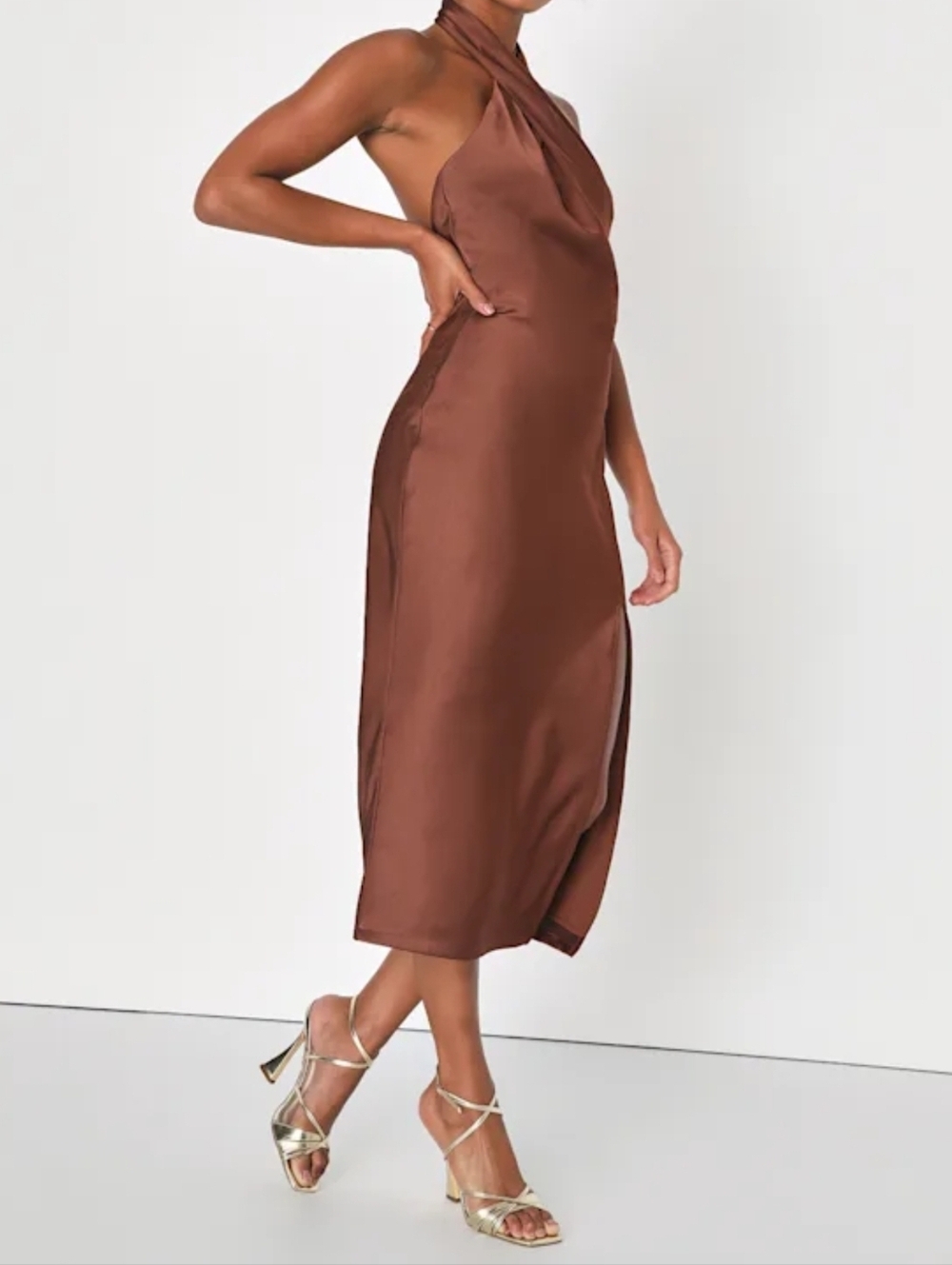 Lulus L Beyond Classy Brown Satin Halter Backless Midi Dress, Size Large - Picture 6 of 12